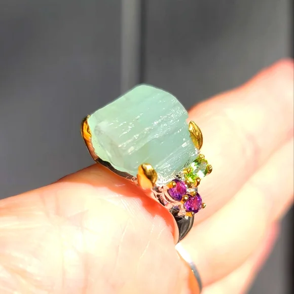 HUGE 30k Aquamarine RAW uncut w/Peridot & Amethyst Sterling &gold ring sz9 - Picture 1 of 9